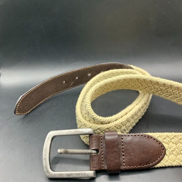 Roundtree Yorke Mens belt 44 110 Leather Beige Tan Cotton Webbing Woven Casual - Picture 5 of 7